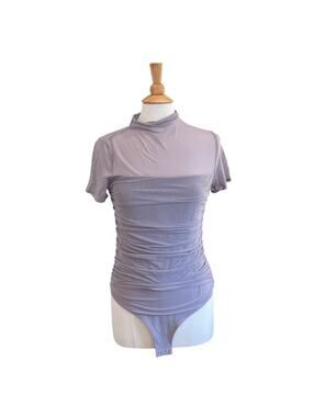 New Set of 2 REORIA Mock Neck Short Sleeve Sheer Ruched Bodysuits Lilac Khaki XL